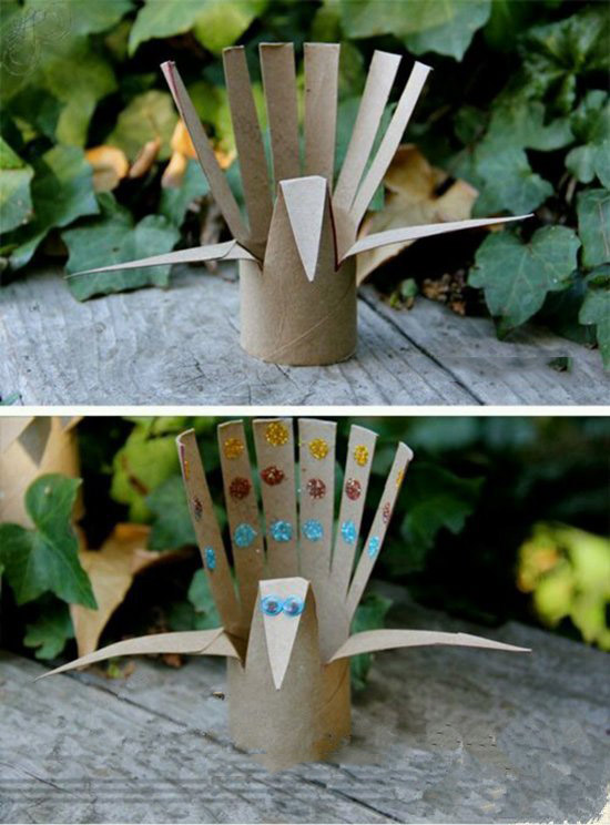 卫生纸卷筒废物利用手工制作美丽的小孔雀玩偶的方法教程